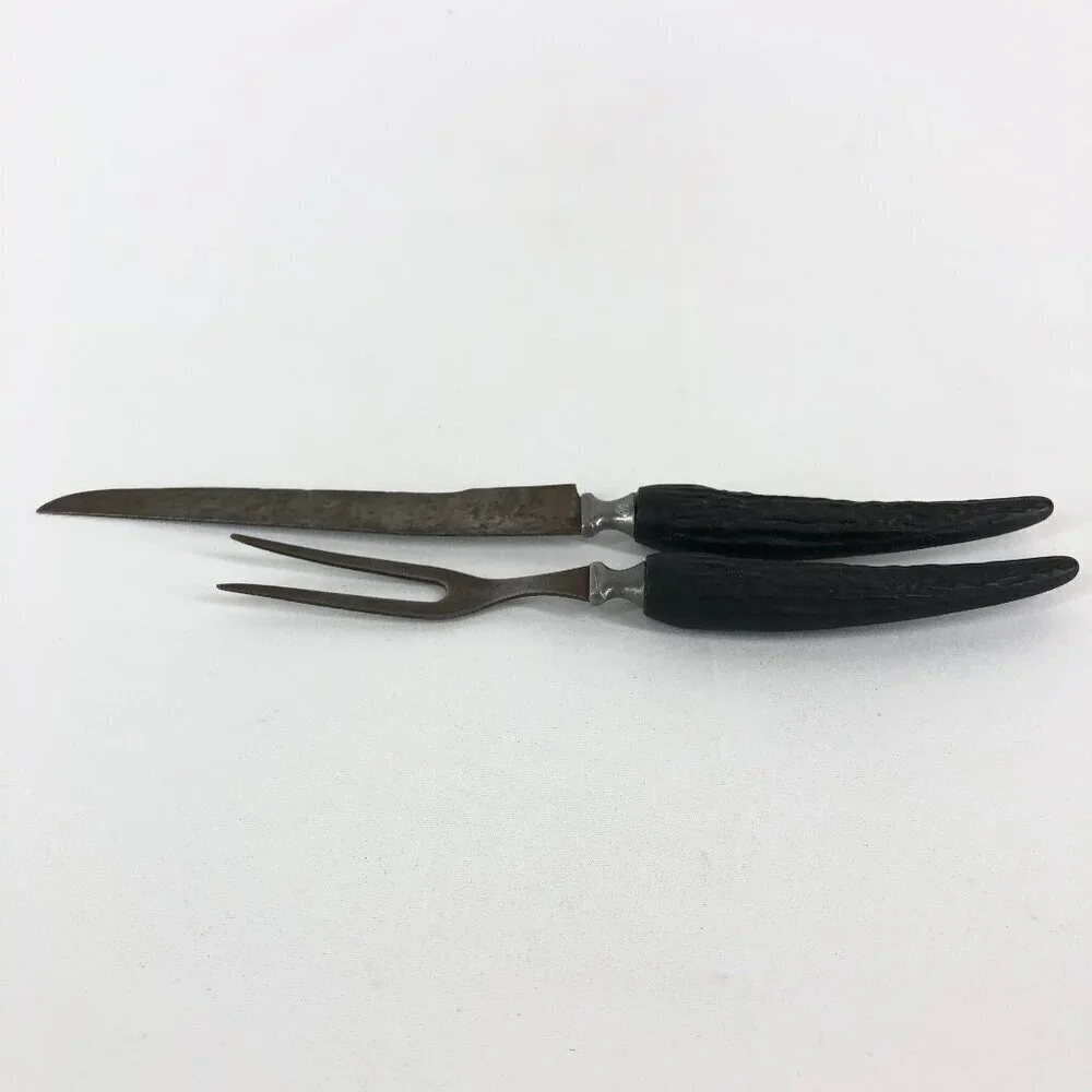 Cattarangus Vanadium Vintage Carving Set With Black Stag Handles